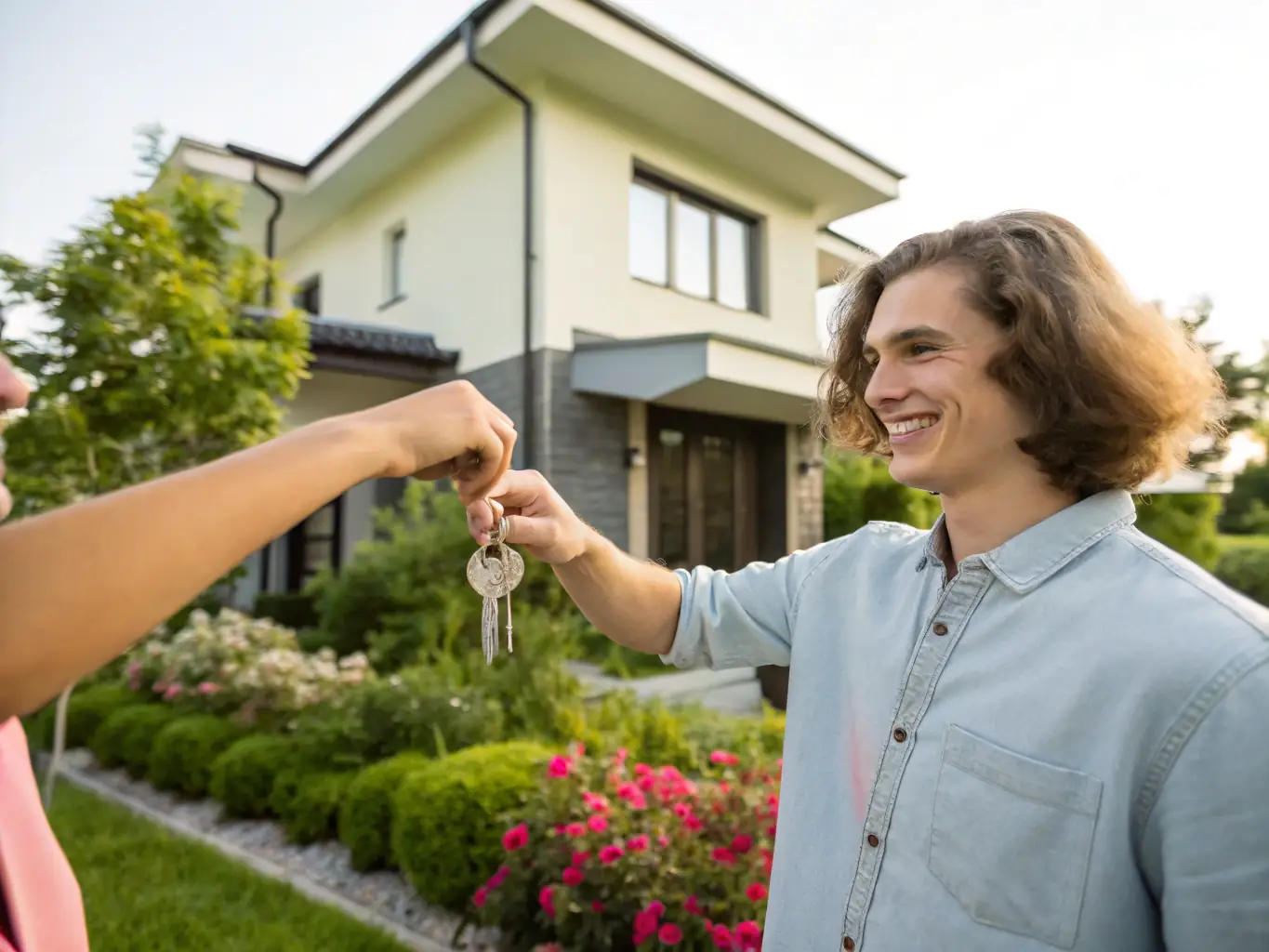A person handing over keys to a smiling guest in front of a well-maintained apartment building in Nice. The scene should depict a smooth and professional check-in process, highlighting the convenience for both owners and guests.