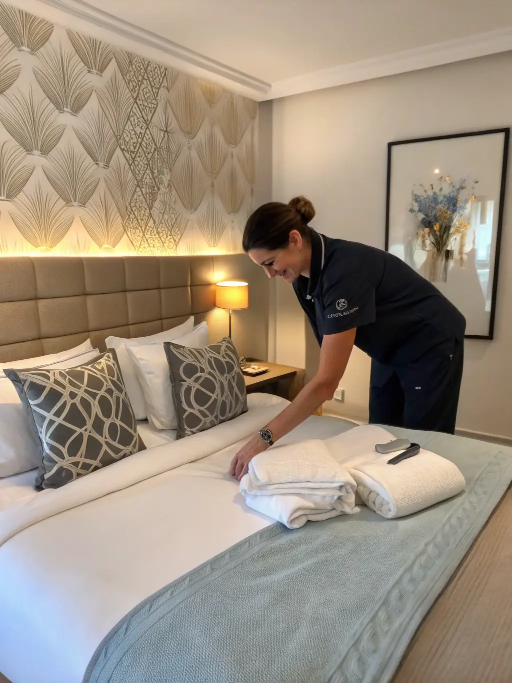 A cleaning crew meticulously cleaning an apartment, with fresh linens neatly stacked, illustrating the high standards of cleanliness provided by LocazurCasa in Nice.
