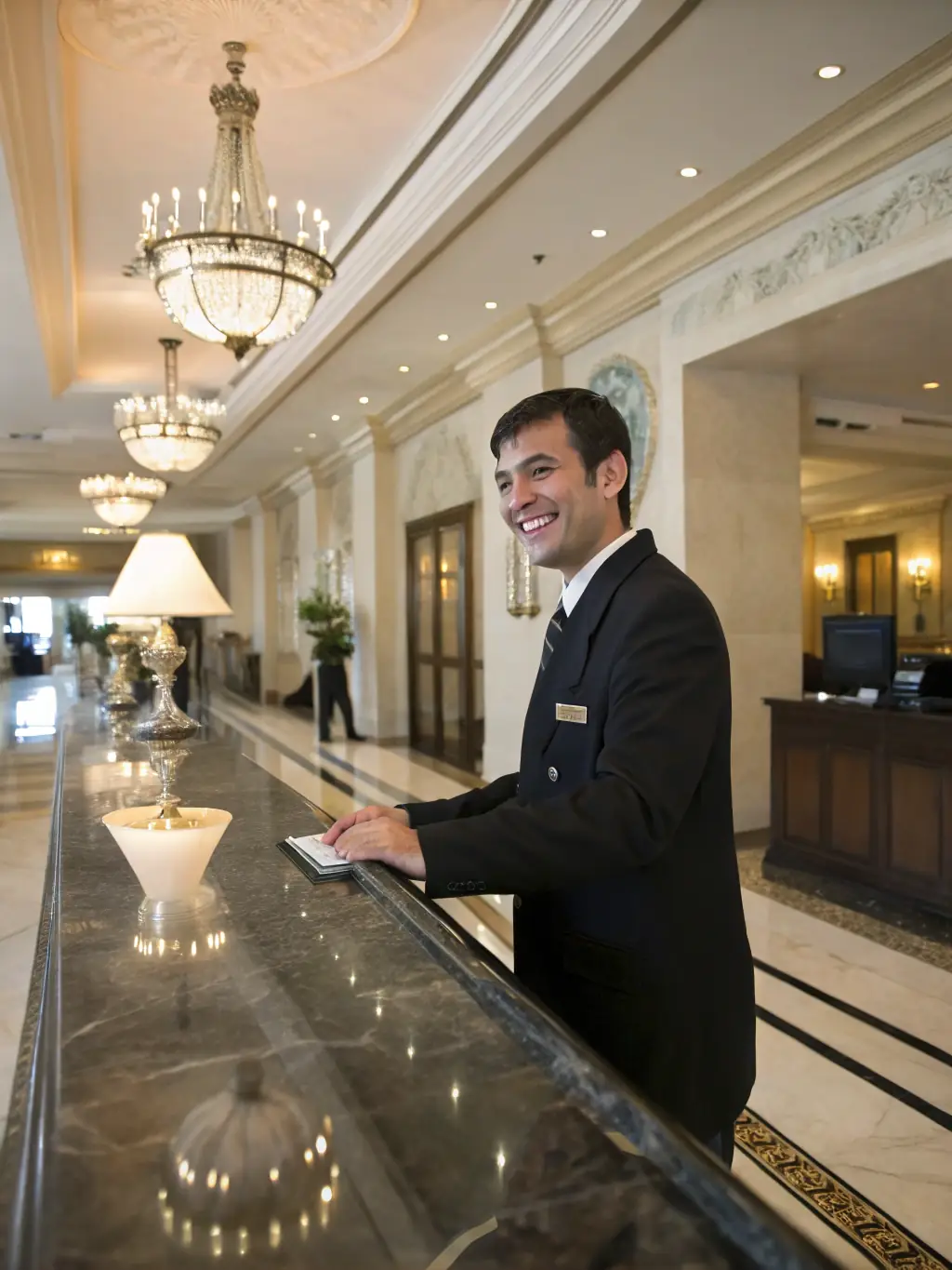 A concierge assisting guests with a smile, illustrating the premium service provided by LocazurCasa.