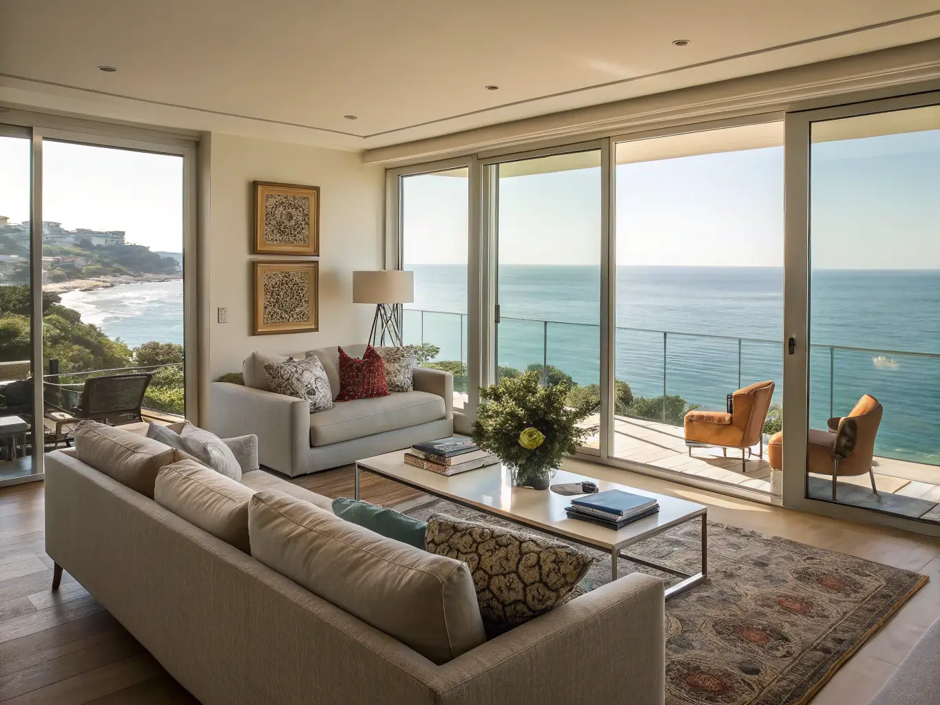 A brightly lit, modern apartment living room with a large window overlooking the sea in Nice. The image should convey cleanliness, comfort, and high-end living, suggesting the quality of properties managed by LocazurCasa.
