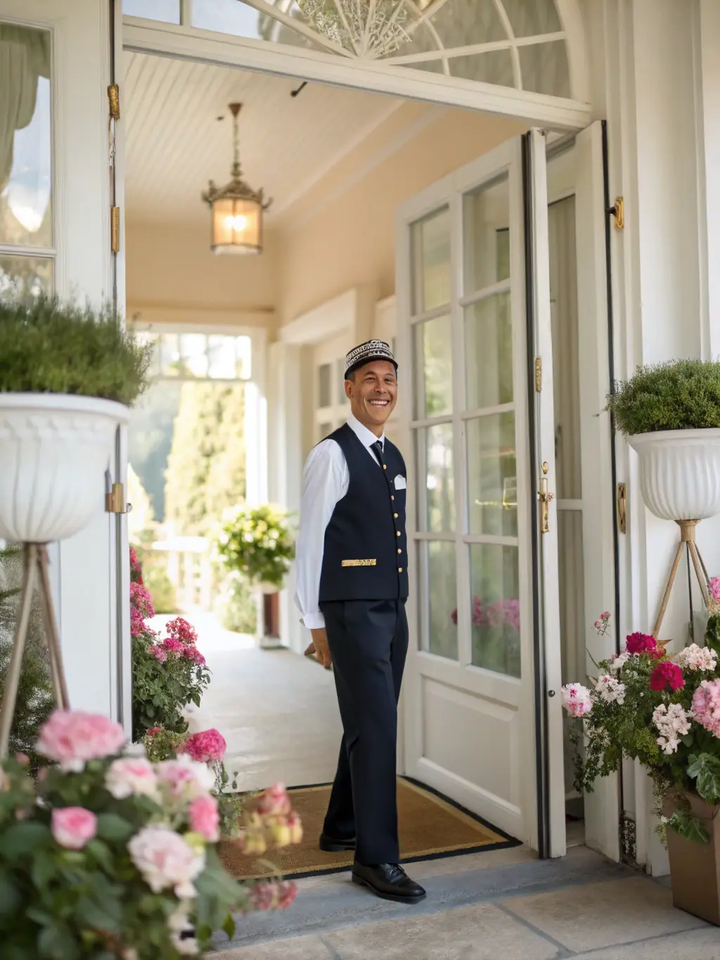 A friendly concierge handing keys to a smiling guest in front of a stylish apartment building in Nice, showcasing the welcome and check-in service.