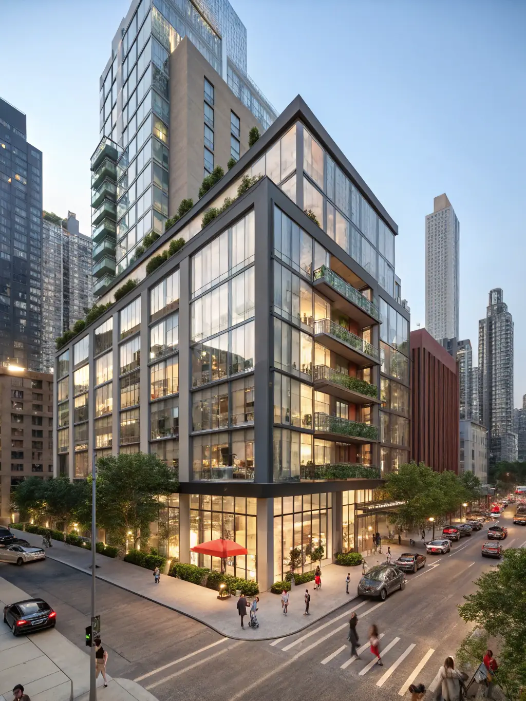 A modern, high-rise apartment building in the Carré d'Or, with luxury cars parked nearby, reflecting the upscale lifestyle of the area.